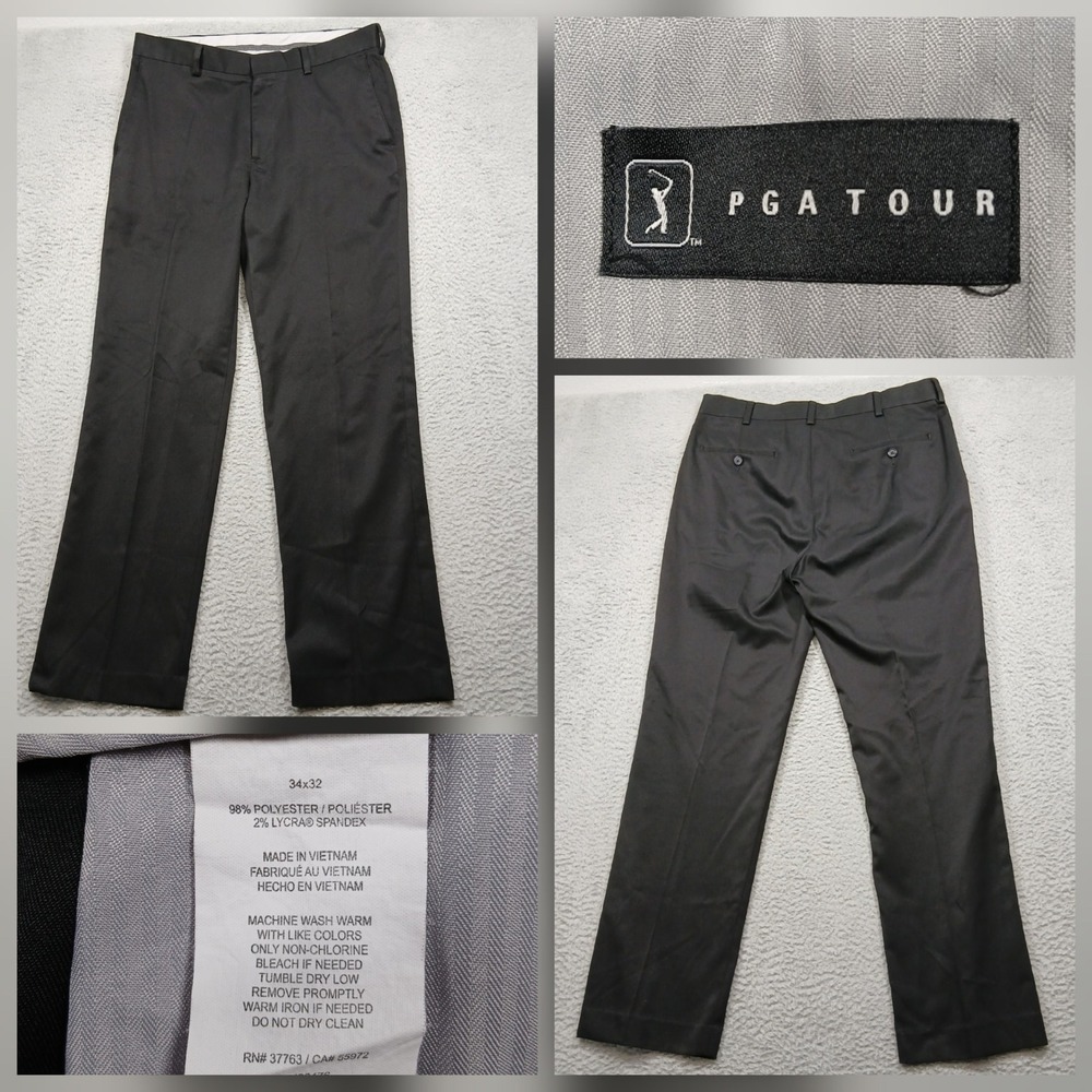 PGA Tour Golf Pants Men's 34x32 Black Stretch Performance Flat Front‎